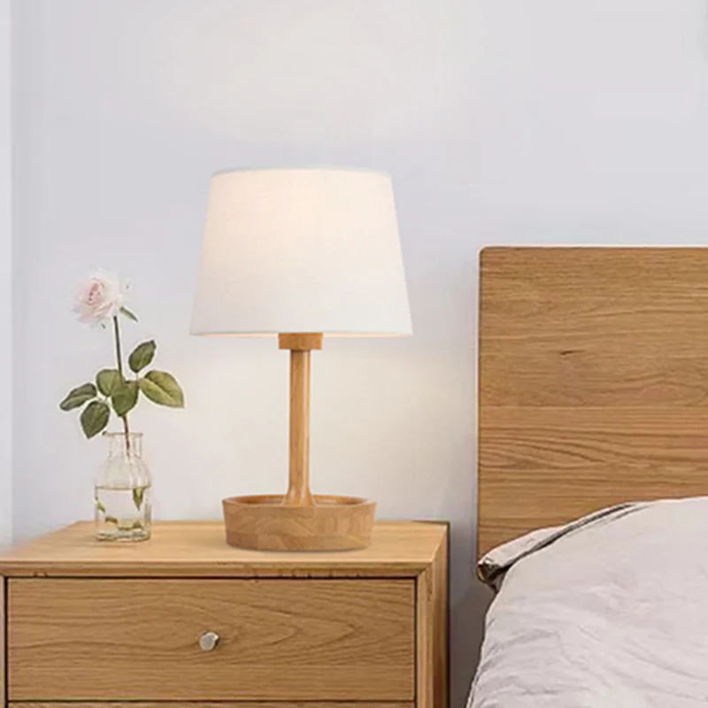 Cone Shade stoffen taaklamp modern 1 lamp vlas/wit leeslamp, ronde beige houten voet Clearhalo