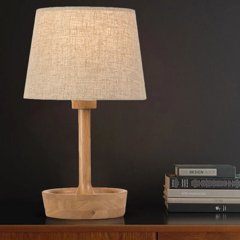 Cone Shade stoffen taaklamp modern 1 lamp vlas/wit leeslamp, ronde beige houten voet Clearhalo