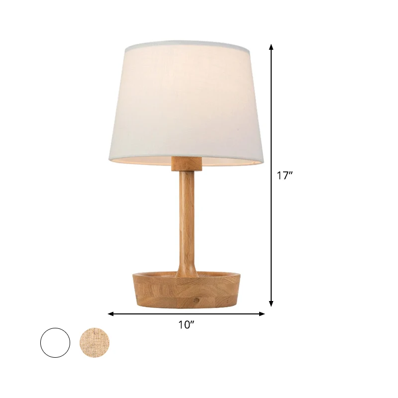 Cone Shade stoffen taaklamp modern 1 lamp vlas/wit leeslamp, ronde beige houten voet Clearhalo