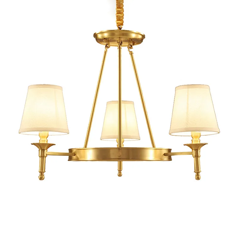 Cone Shade Woonkamer Hanglamp Traditionele Stof 3/6/8 Hoofden Gouden Kroonluchterlamp Clearhalo
