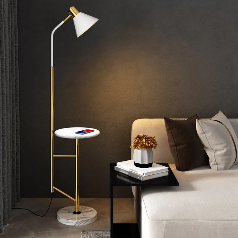 Cone Shade Woonkamer Taak Vloerlamp Scandinavisch Metaal 1 Kops Vloerlamp met Marmeren Dienblad Clearhalo