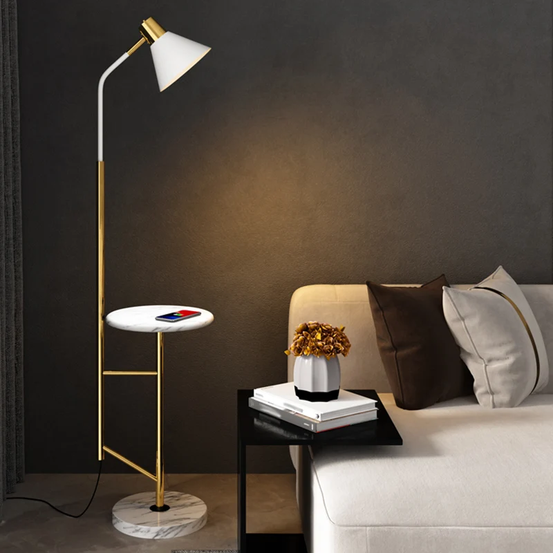 Cone Shade Woonkamer Taak Vloerlamp Scandinavisch Metaal 1 Kops Vloerlamp met Marmeren Dienblad Clearhalo