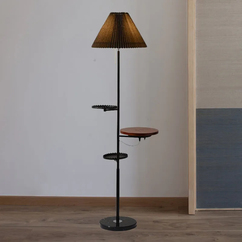 Cone staande lamp moderne stof 1 lamp studeerkamer vloerleeslamp met houten planken zwart Clearhalo