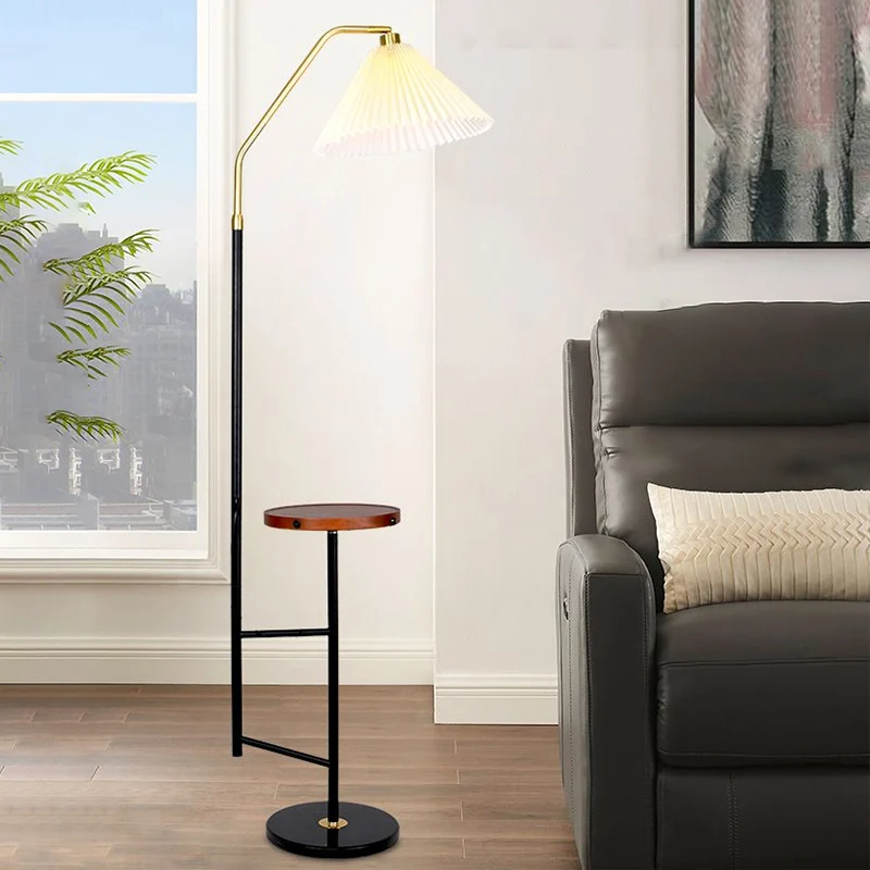 Cone Stand Up Lamp Minimalistische geplooide stof Vloerverlichting voor een slaapkamer met dienblad en marmeren voet Clear...
