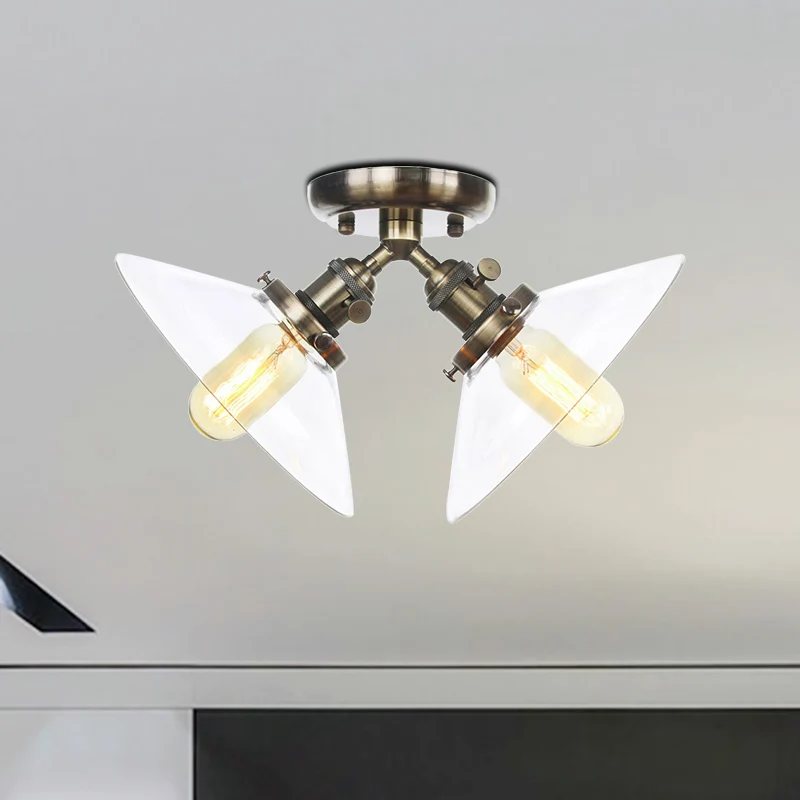 Conisch restaurant semi-inbouwlamp helder glas 2 lampen industrieel stijlvol plafondinbouw zwart/brons Clearhalo
