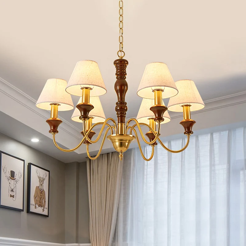 Conische hangende plafondlamp van stof, landelijke stijl, 6/8 hoofden, woonkamerkroonluchter wit met gebogen arm Clearhalo