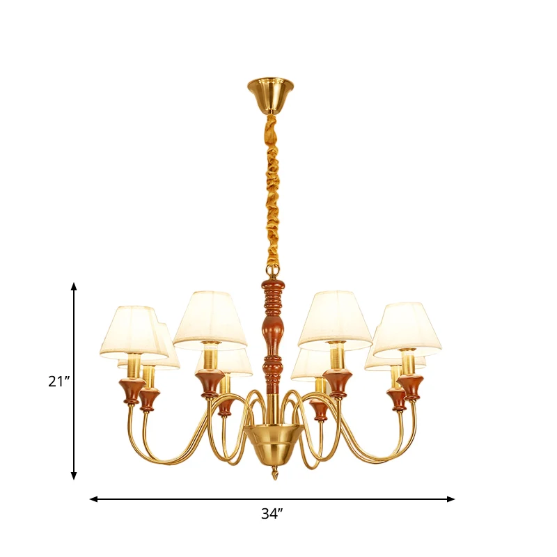 Conische hangende plafondlamp van stof, landelijke stijl, 6/8 hoofden, woonkamerkroonluchter wit met gebogen arm Clearhalo