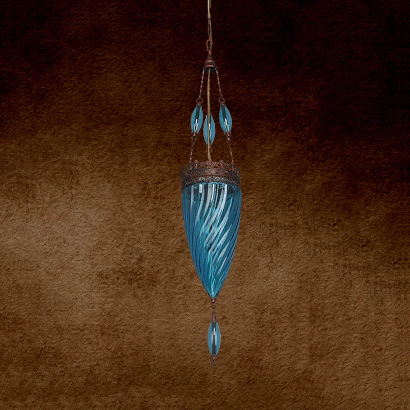 Conische hanglamp uit het midden van de eeuw, blauwe cycloon glazen slaapkamer hanglamp met koperen blad Clearhalo