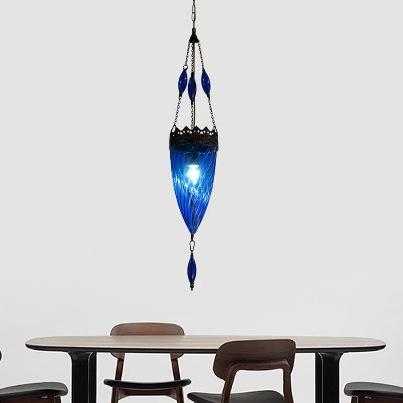 Conische hanglamp uit het midden van de eeuw, blauwe cycloon glazen slaapkamer hanglamp met koperen blad Clearhalo