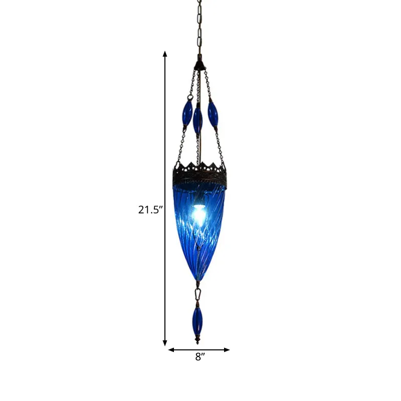 Conische hanglamp uit het midden van de eeuw, blauwe cycloon glazen slaapkamer hanglamp met koperen blad Clearhalo