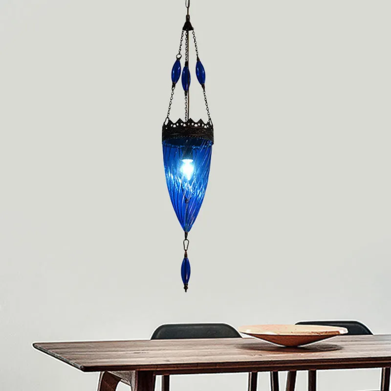 Conische hanglamp uit het midden van de eeuw, blauwe cycloon glazen slaapkamer hanglamp met koperen blad Clearhalo
