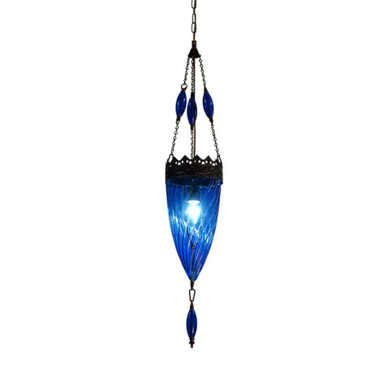 Conische hanglamp uit het midden van de eeuw, blauwe cycloon glazen slaapkamer hanglamp met koperen blad Clearhalo