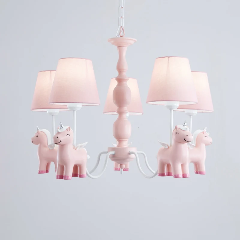 Conische kinderslaapkamer kroonluchter stof cartoon stijl hanglamp met hars eenhoorn deco Clearhalo