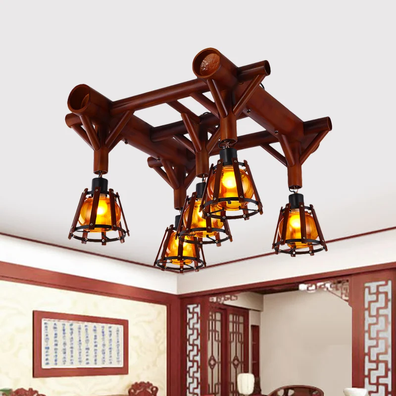 Conische kooi houten semi-inbouw country 5-kops plafondlamp bruin Clearhalo
