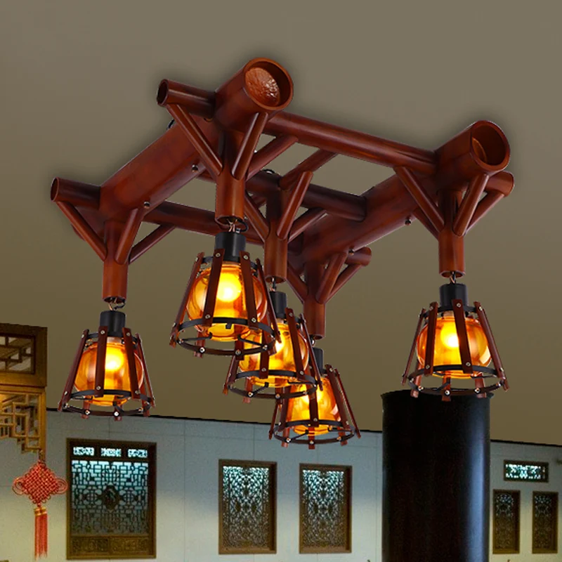 Conische kooi houten semi-inbouw country 5-kops plafondlamp bruin Clearhalo
