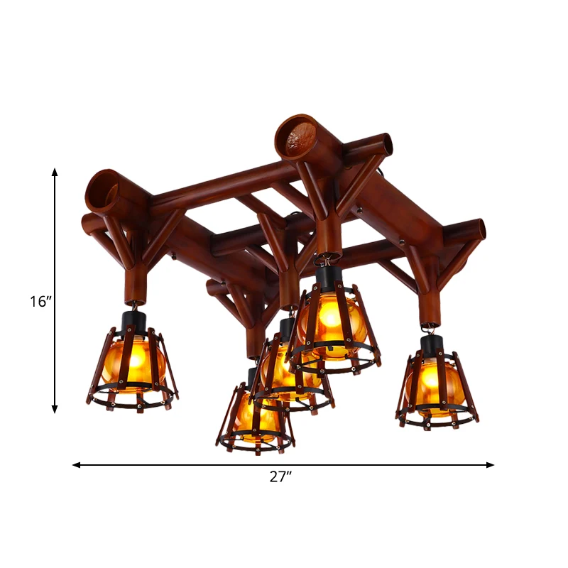 Conische kooi houten semi-inbouw country 5-kops plafondlamp bruin Clearhalo
