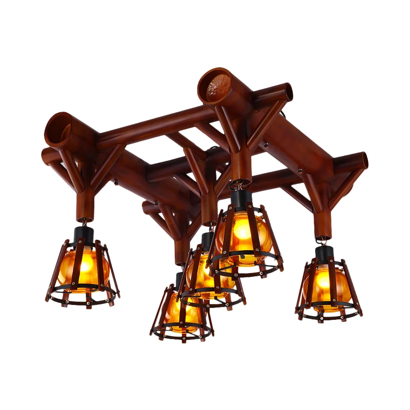 Conische kooi houten semi-inbouw country 5-kops plafondlamp bruin Clearhalo
