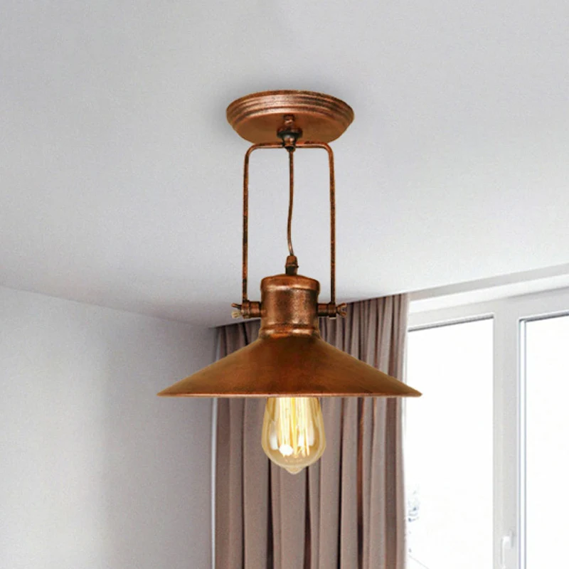 Conische metalen semi-inbouwverlichting Retro stijlvolle 1-lichts foyer draaibare plafondlamp zwart/roest Clearhalo