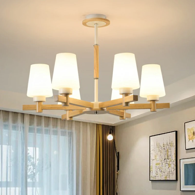 Conische opaalglazen kroonluchterlamp, eigentijds houthangend plafondlicht voor slaapkamer Clearhalo