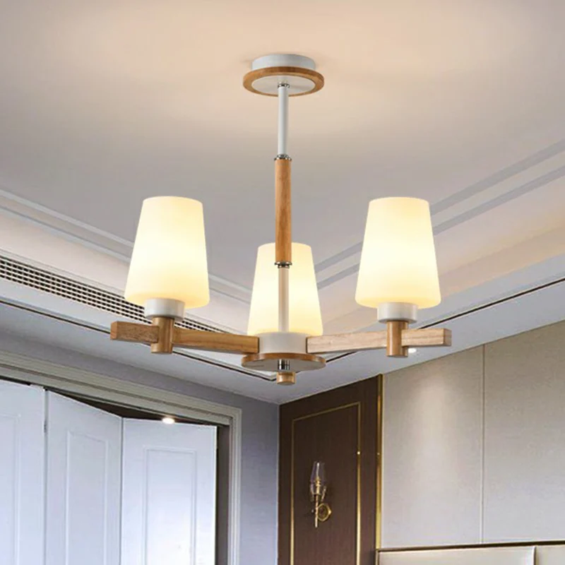 Conische opaalglazen kroonluchterlamp, eigentijds houthangend plafondlicht voor slaapkamer Clearhalo