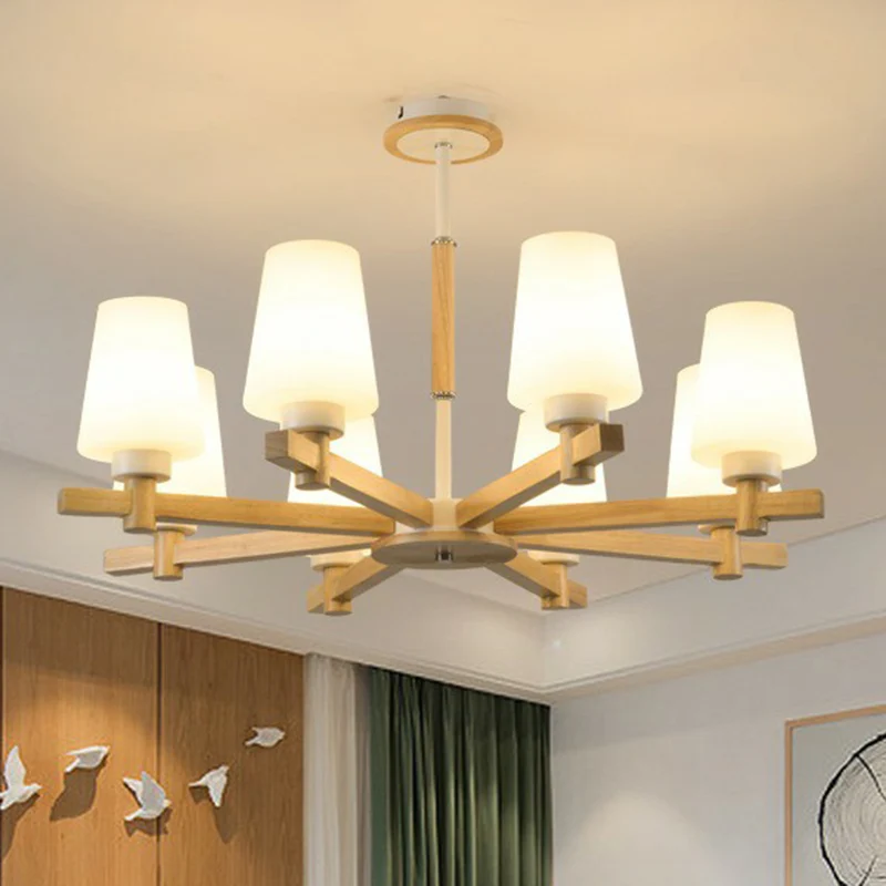 Conische opaalglazen kroonluchterlamp, eigentijds houthangend plafondlicht voor slaapkamer Clearhalo