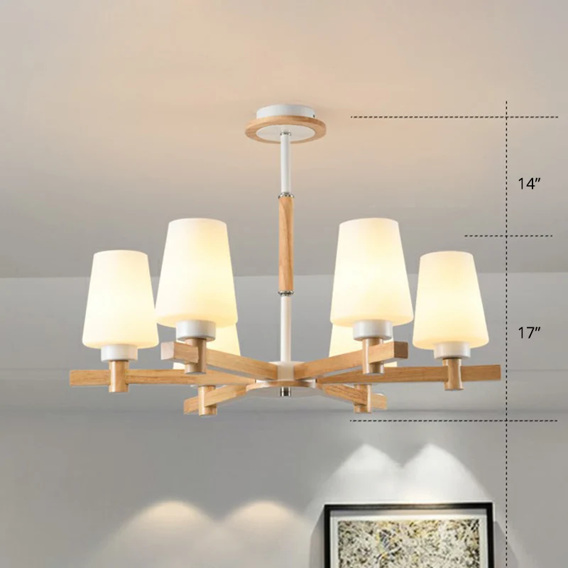 Conische opaalglazen kroonluchterlamp, eigentijds houthangend plafondlicht voor slaapkamer Clearhalo