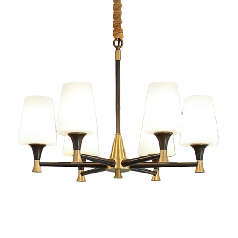 Conische slaapkamerplafondlamp, stof/wit glas, 6/8-lichts moderne kroonluchter zwart en goud Clearhalo