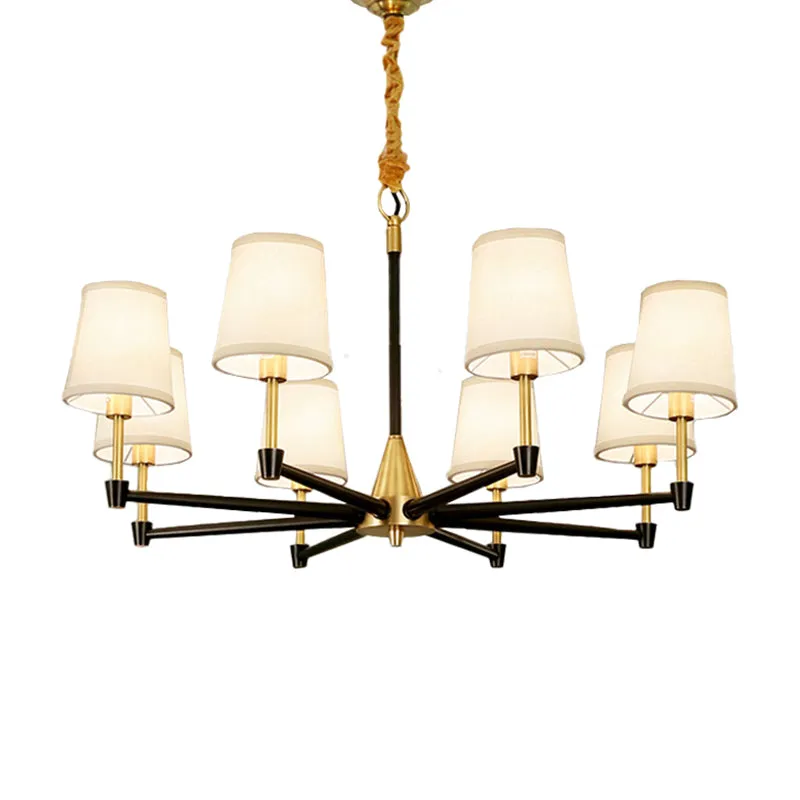 Conische slaapkamerplafondlamp, stof/wit glas, 6/8-lichts moderne kroonluchter zwart en goud Clearhalo