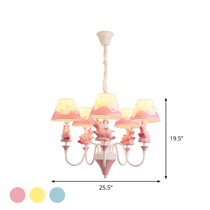 Conische stoffen kap plafondkroonluchter cartoon 5-lichts roze/blauw/goudkleurige slingerlamp met eenhoorndecor Clearhalo