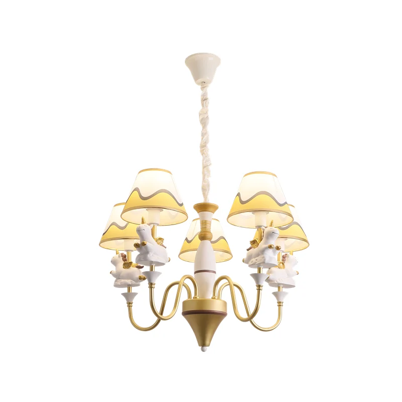 Conische stoffen kap plafondkroonluchter cartoon 5-lichts roze/blauw/goudkleurige slingerlamp met eenhoorndecor Clearhalo