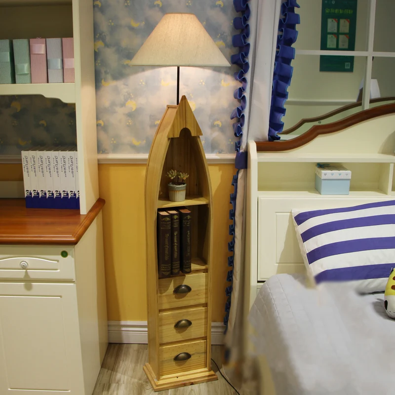 Conische stoffen vloerverlichting Kid 1-lamps wit/geel/hout staande scheepslamp met plank en lade Clearhalo