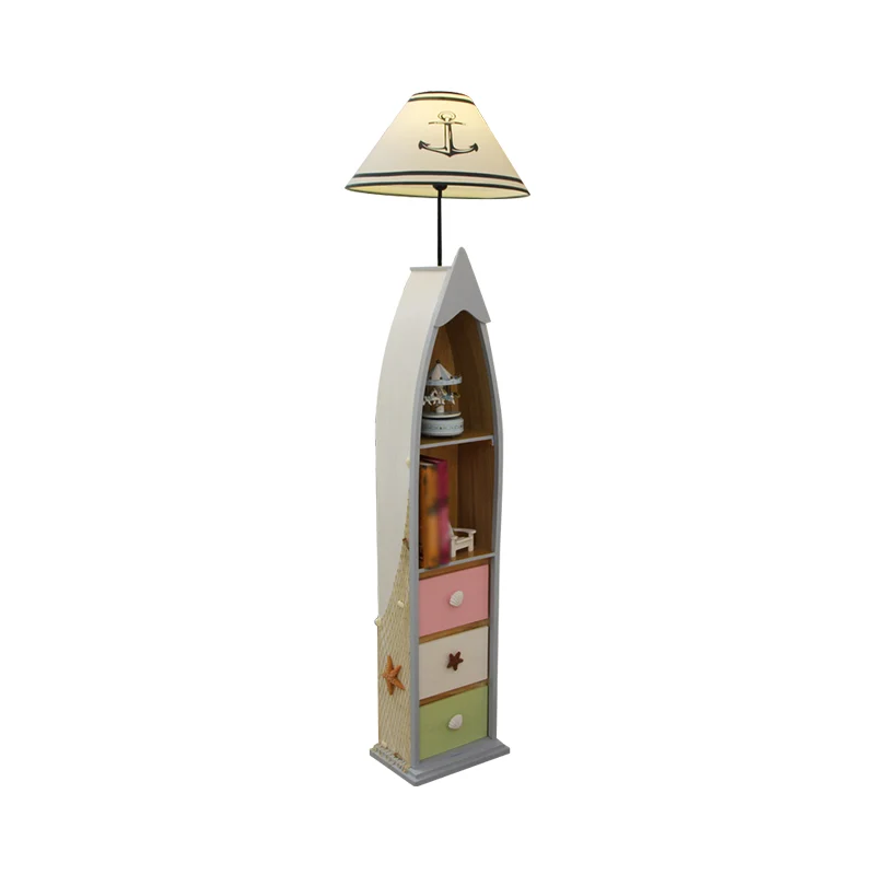 Conische stoffen vloerverlichting Kid 1-lamps wit/geel/hout staande scheepslamp met plank en lade Clearhalo