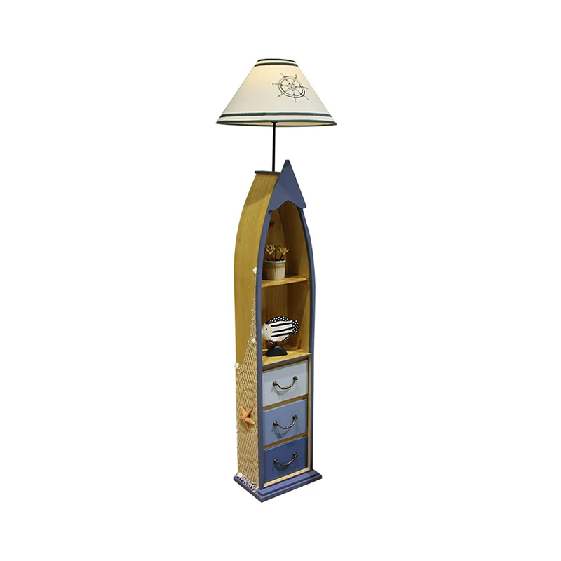 Conische stoffen vloerverlichting Kid 1-lamps wit/geel/hout staande scheepslamp met plank en lade Clearhalo