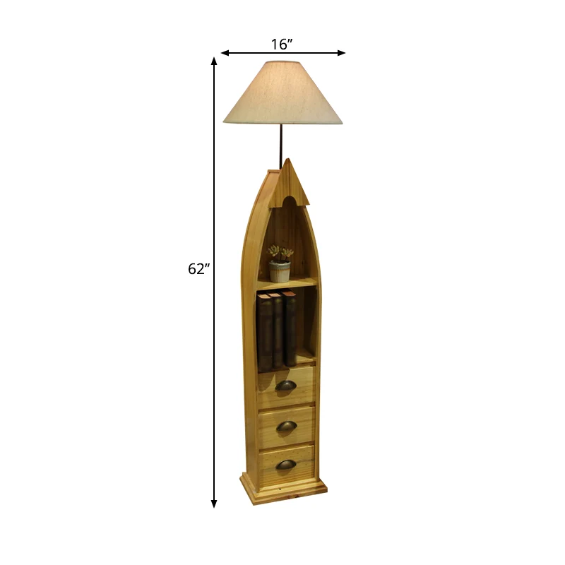 Conische stoffen vloerverlichting Kid 1-lamps wit/geel/hout staande scheepslamp met plank en lade Clearhalo