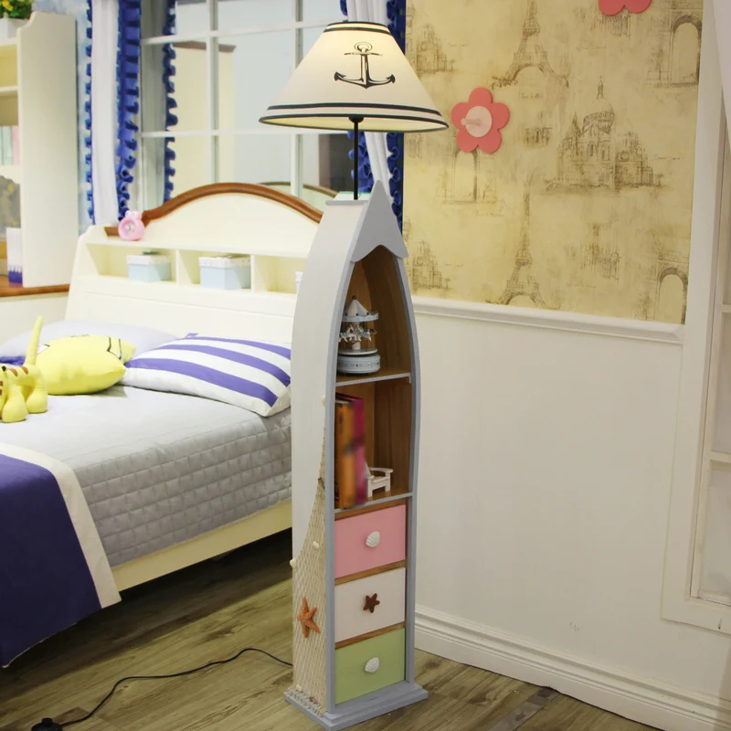 Conische stoffen vloerverlichting Kid 1-lamps wit/geel/hout staande scheepslamp met plank en lade Clearhalo
