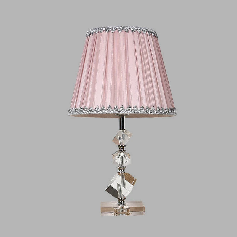 Conische tafellamp van stof, platteland, 1-lichts slaapkamernachtlampje roze met kristallen voet Clearhalo