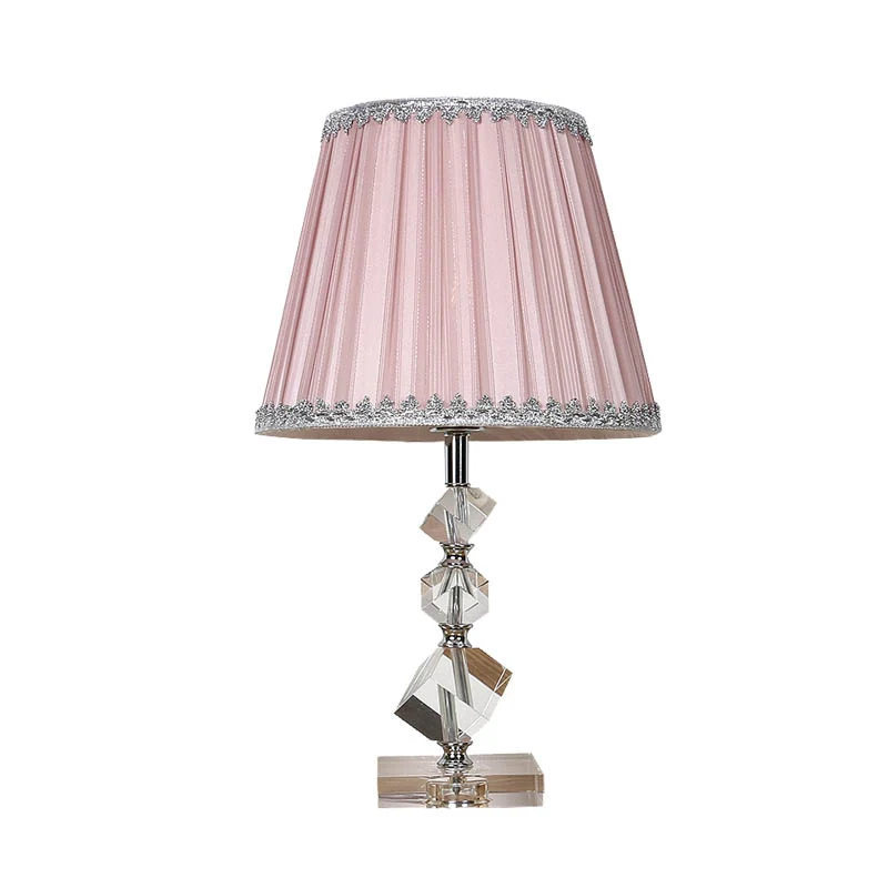 Conische tafellamp van stof, platteland, 1-lichts slaapkamernachtlampje roze met kristallen voet Clearhalo