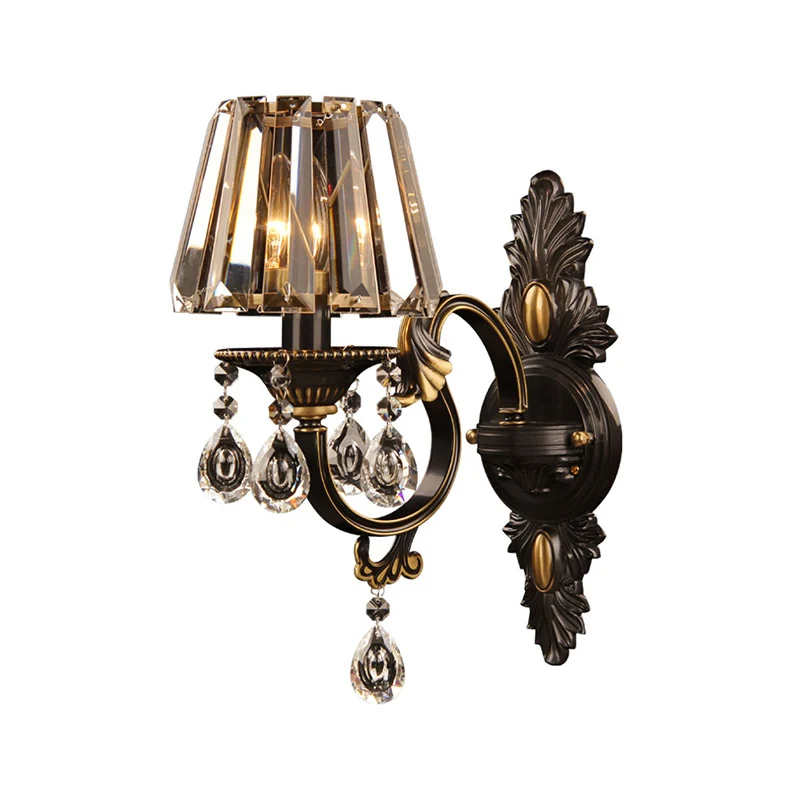 Conische wandkandelaar eigentijds helder kristal 1 lamp zwart/messing wandverlichting voor gang Clearhalo