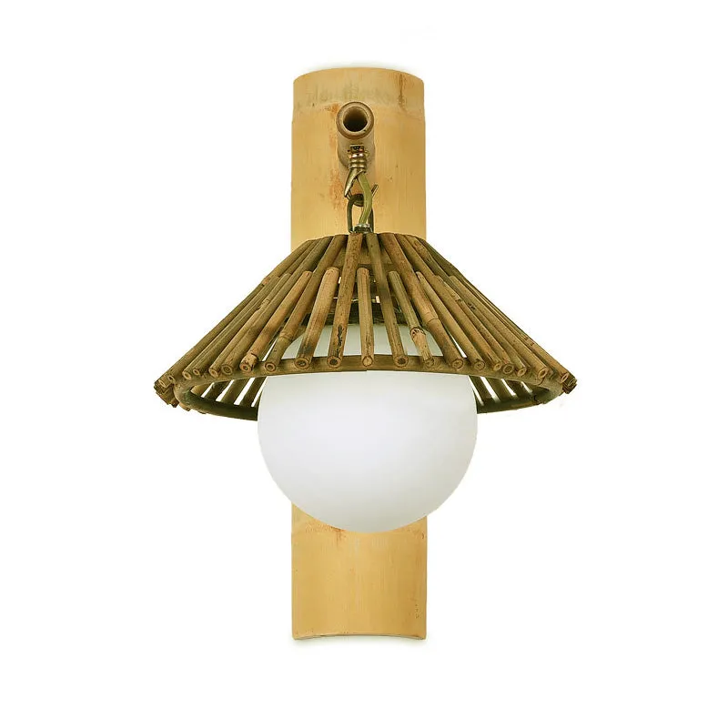 Conische wandkandelaar verlichting Aziatische stijl bamboe enkele lamp houten wandlamp met mondiale witte glazen kap Clear...