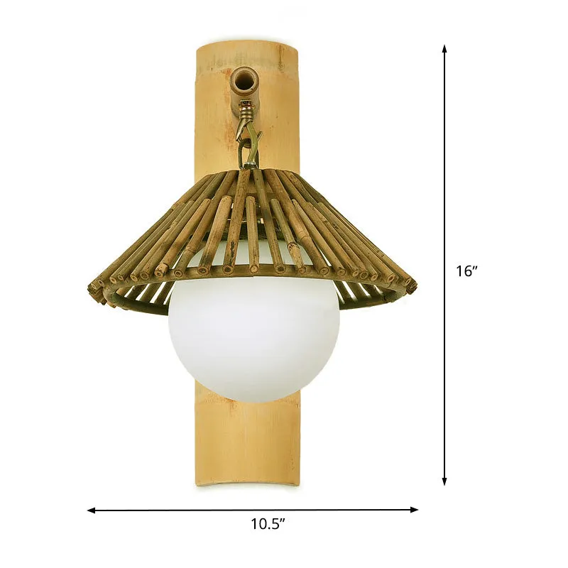 Conische wandkandelaar verlichting Aziatische stijl bamboe enkele lamp houten wandlamp met mondiale witte glazen kap Clear...