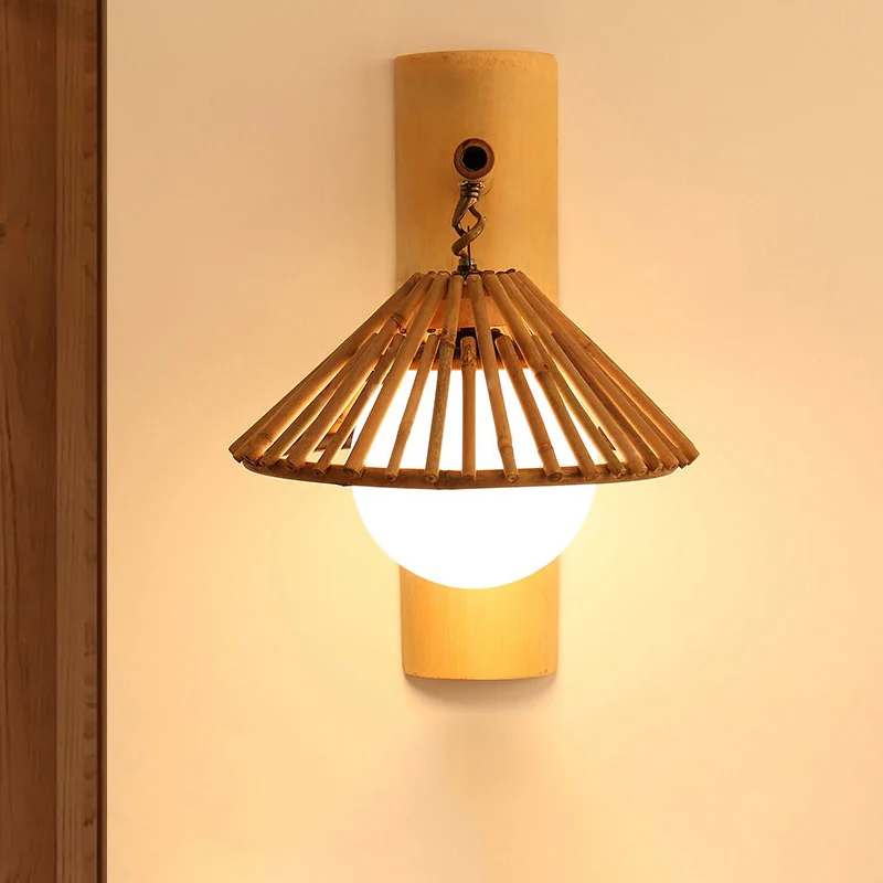 Conische wandkandelaar verlichting Aziatische stijl bamboe enkele lamp houten wandlamp met mondiale witte glazen kap Clear...