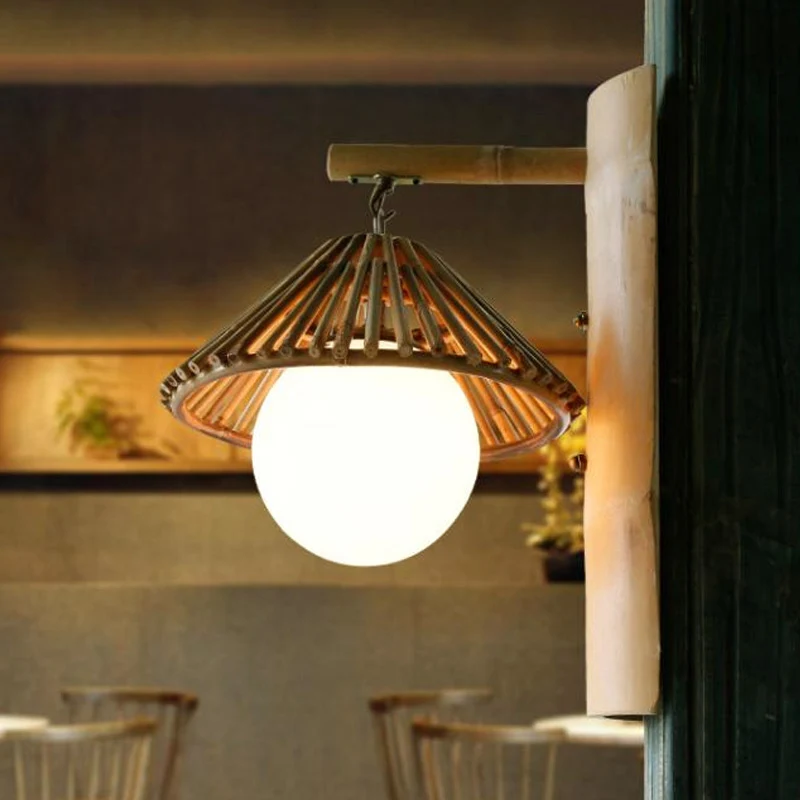 Conische wandkandelaar verlichting Aziatische stijl bamboe enkele lamp houten wandlamp met mondiale witte glazen kap Clear...