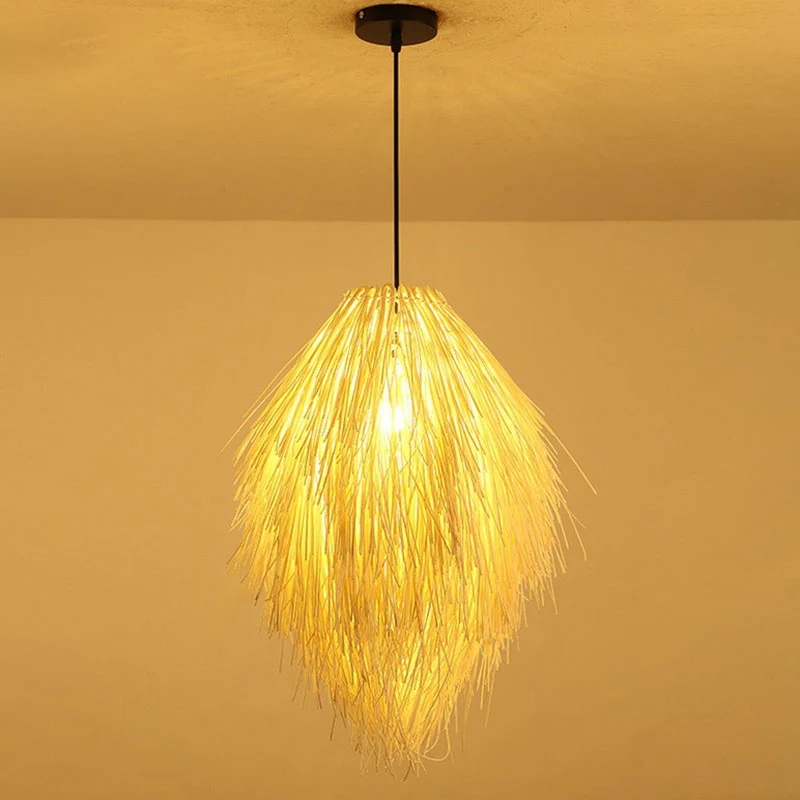 Cottage geweven schaduwhanger hout 1-lamps restaurant hanglampset beige Clearhalo