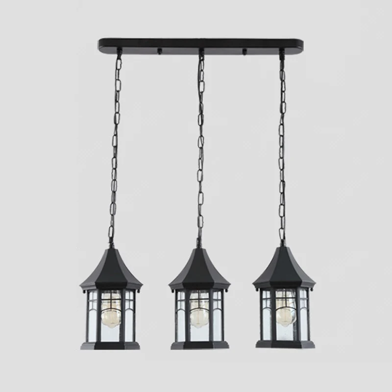 Cottage Lantern Multi-plafondlamp 3-lichts helder bubbelglas ophangverlichting zwart met lineaire luifel Clearhalo