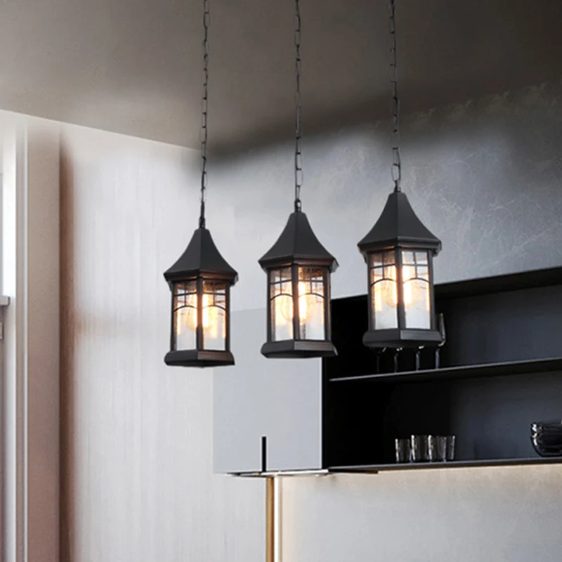 Cottage Lantern Multi-plafondlamp 3-lichts helder bubbelglas ophangverlichting zwart met lineaire luifel Clearhalo