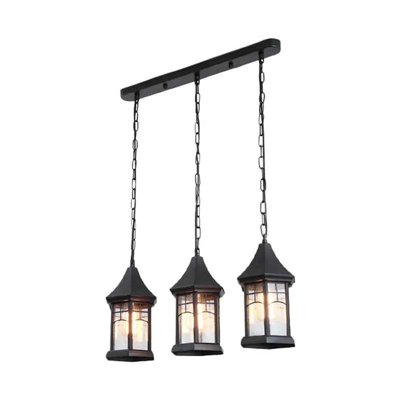 Cottage Lantern Multi-plafondlamp 3-lichts helder bubbelglas ophangverlichting zwart met lineaire luifel Clearhalo