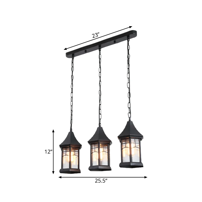 Cottage Lantern Multi-plafondlamp 3-lichts helder bubbelglas ophangverlichting zwart met lineaire luifel Clearhalo