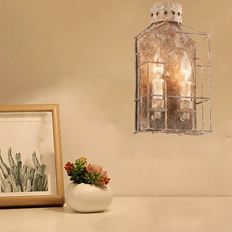 Country Candle Sconce Light Armatuur 2-lamps metalen wandmontage verlichting roest voor binnen met kooi Clearhalo