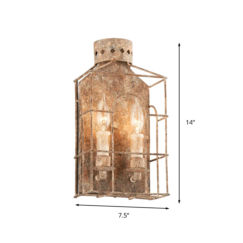 Country Candle Sconce Light Armatuur 2-lamps metalen wandmontage verlichting roest voor binnen met kooi Clearhalo
