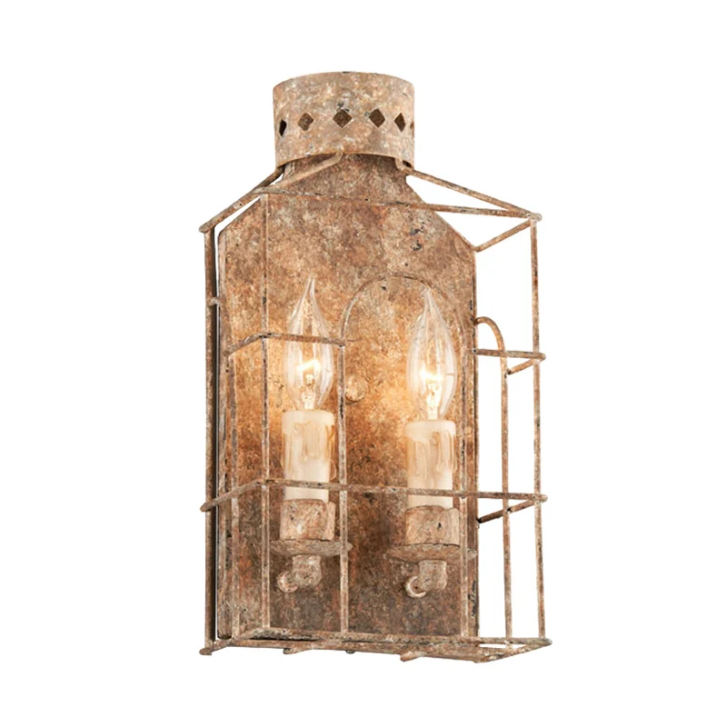 Country Candle Sconce Light Armatuur 2-lamps metalen wandmontage verlichting roest voor binnen met kooi Clearhalo